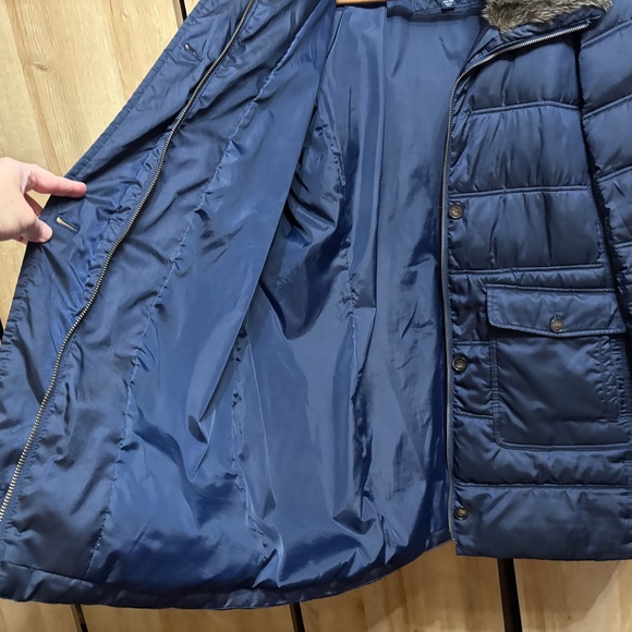 Lands' End Plus Sz 2X 20W- 22W Navy Blue Down Coat Faux Fur Collar Warm - Picture 11 of 13